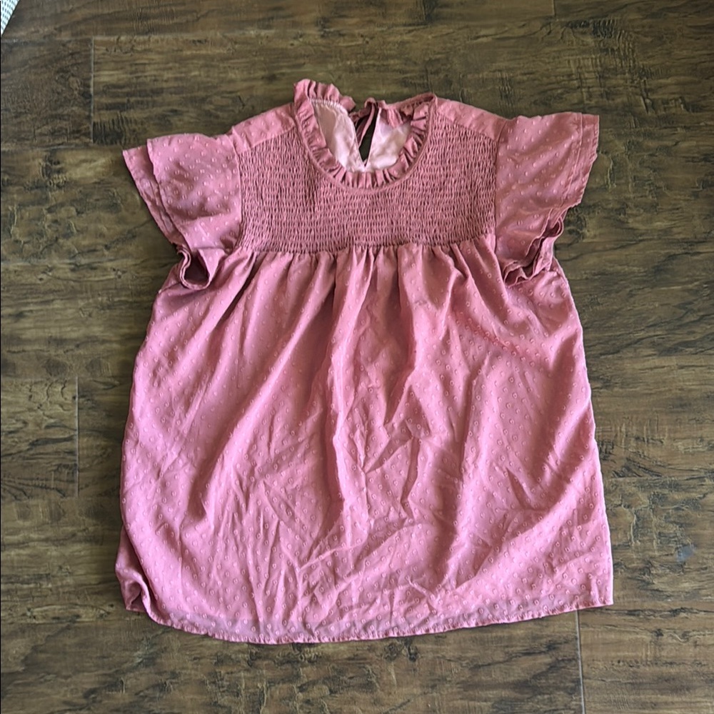 Pink Smocked Blouse with Flutter Sleeves